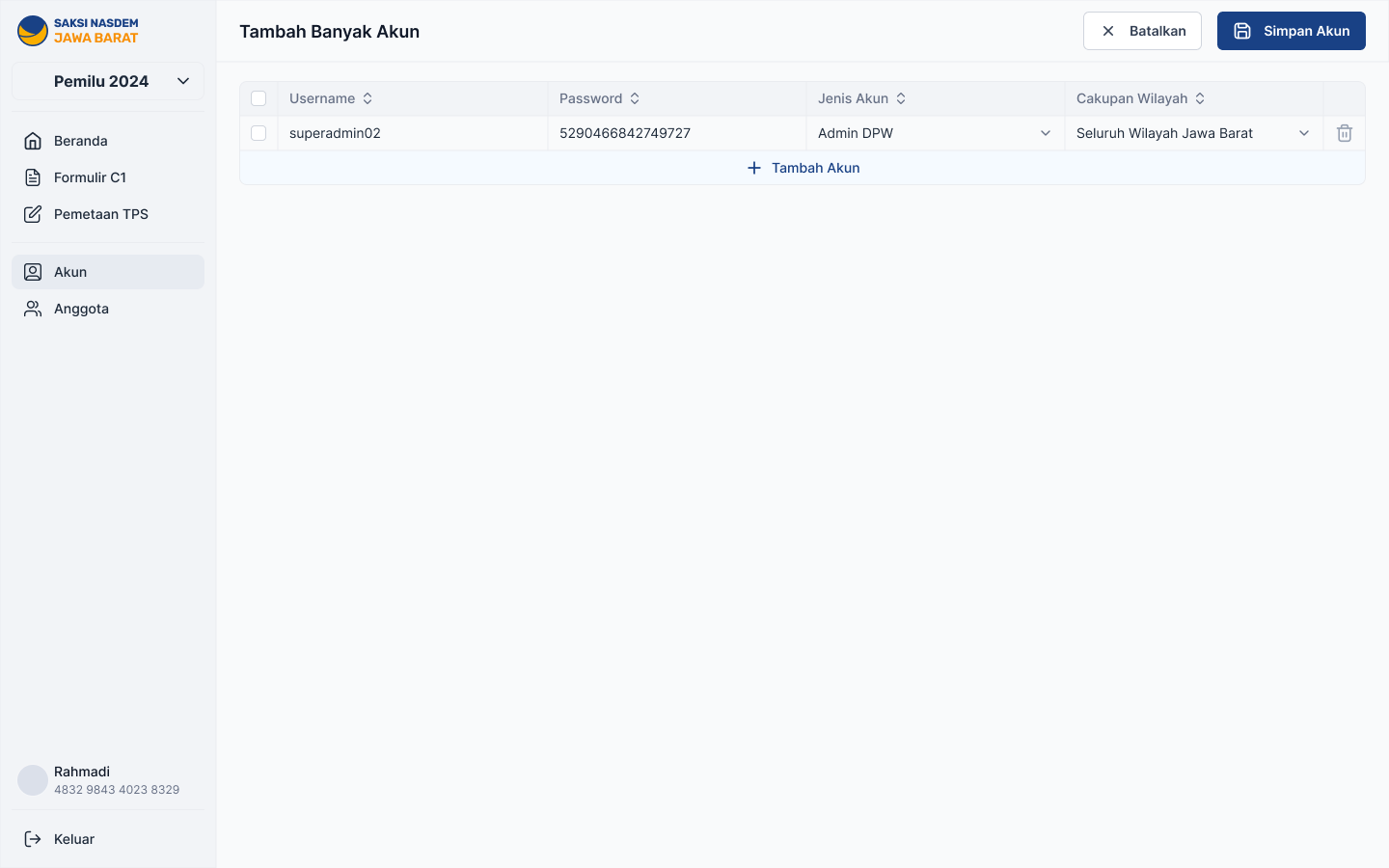 Akun screen for adding admin accounts