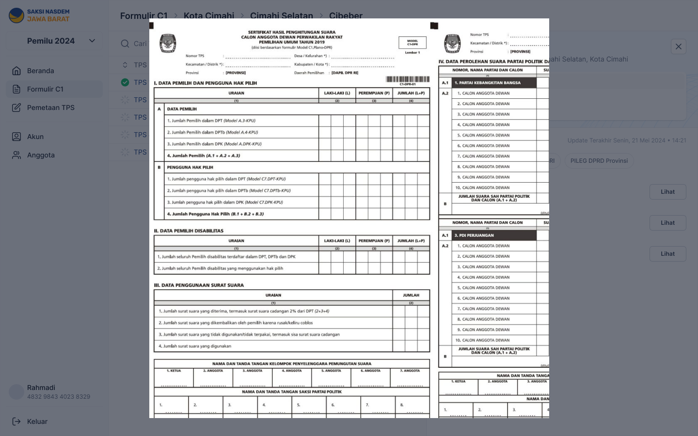 A submitted C1 form photo opened for review on top of the regional list
