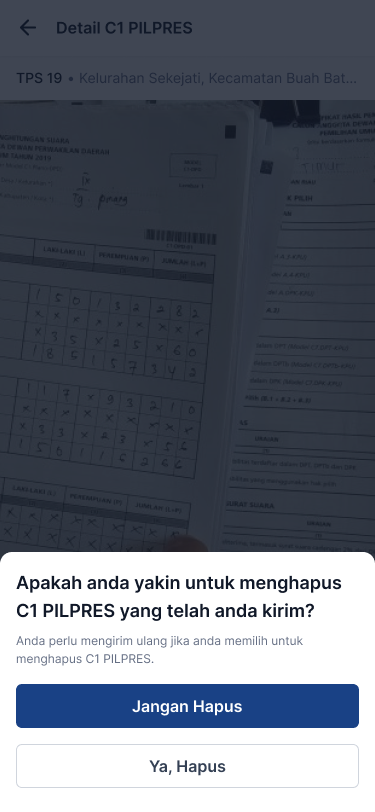 Confirmation sheet asking whether to delete the submitted C1, with Jangan Hapus as the primary button