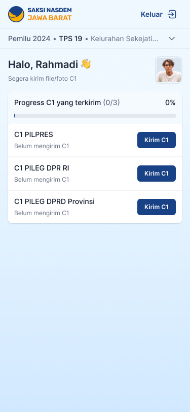 Home screen with C1 progress and a Kirim C1 button for each election