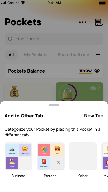Add to Other Tab sheet showing tabs Business, Personal and Other as previews of their Pockets, with a New Tab link
