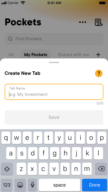 Create New Tab bottom sheet with an empty Tab Name field and a disabled Save button