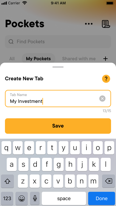 Create New Tab sheet with My Investment typed, a 13 of 15 counter and an active Save button